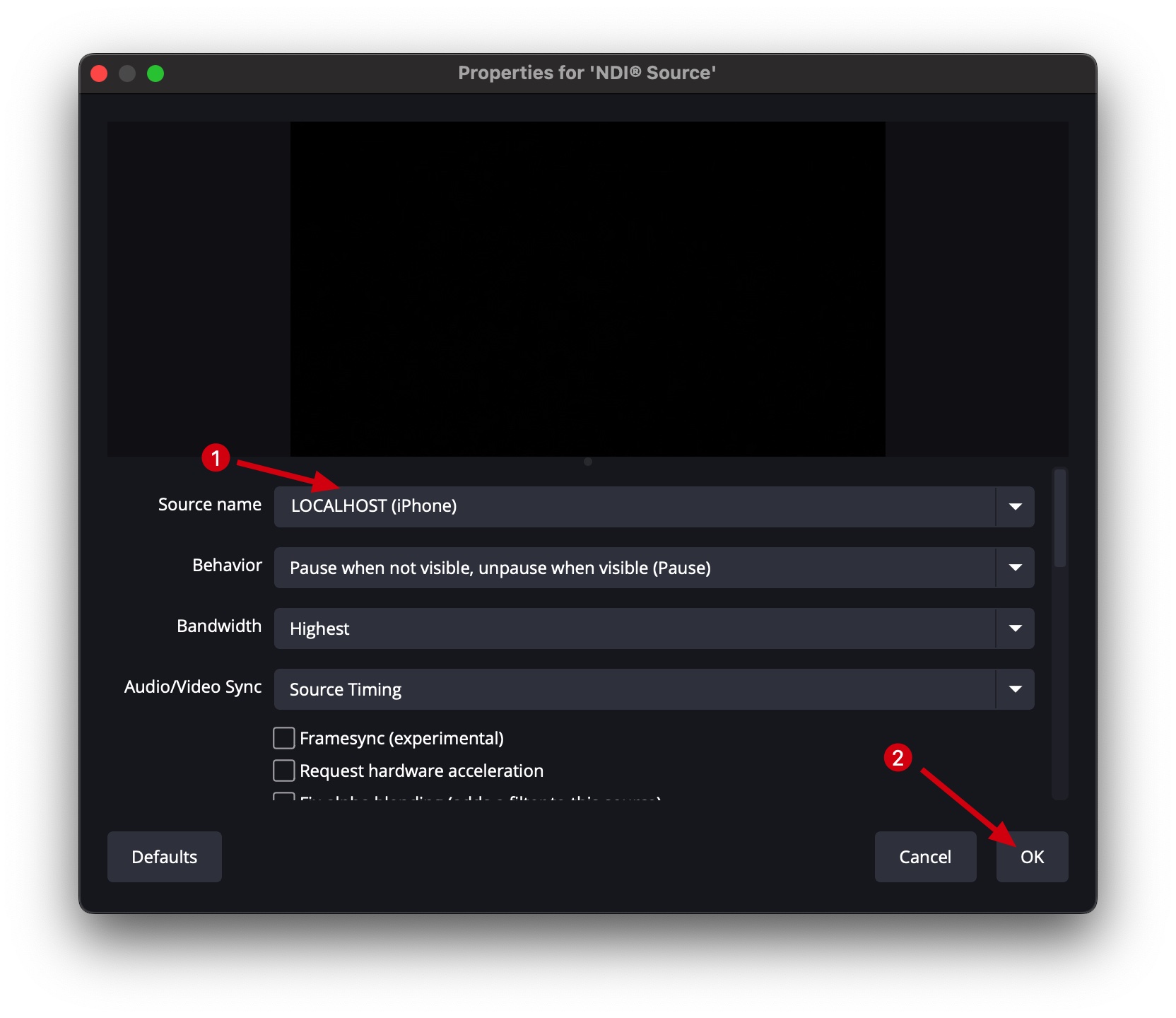 Select iPhone NDI device in OBS